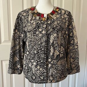 RUBY RD WOMENS SIZE 14 BLACK BEIGE GEOMETRIC 100% COTTON BEADED JACKET BLAZER